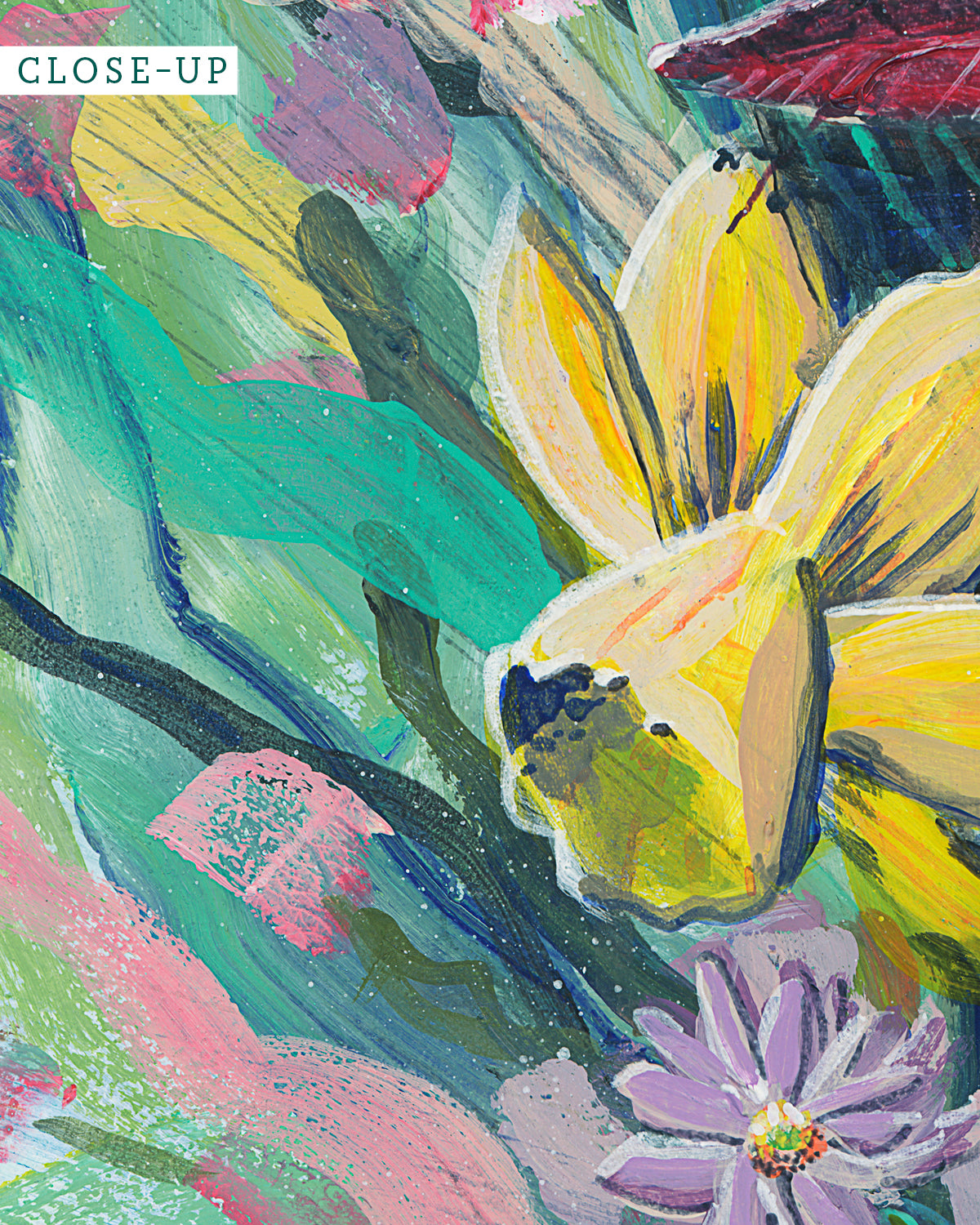 Close-up of Bouquet No. 003 art print featuring an assortment of birth vibrant birth month flowers including Carnations (January), Daffodils (March), Asters (September), Marigolds (October), and Poinsettias (December).