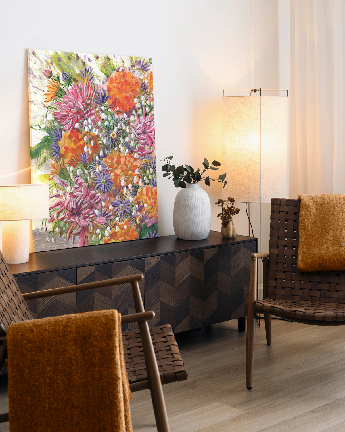 Bouquet No. 004 framed fine art print featuring pink, orange, purple and white.