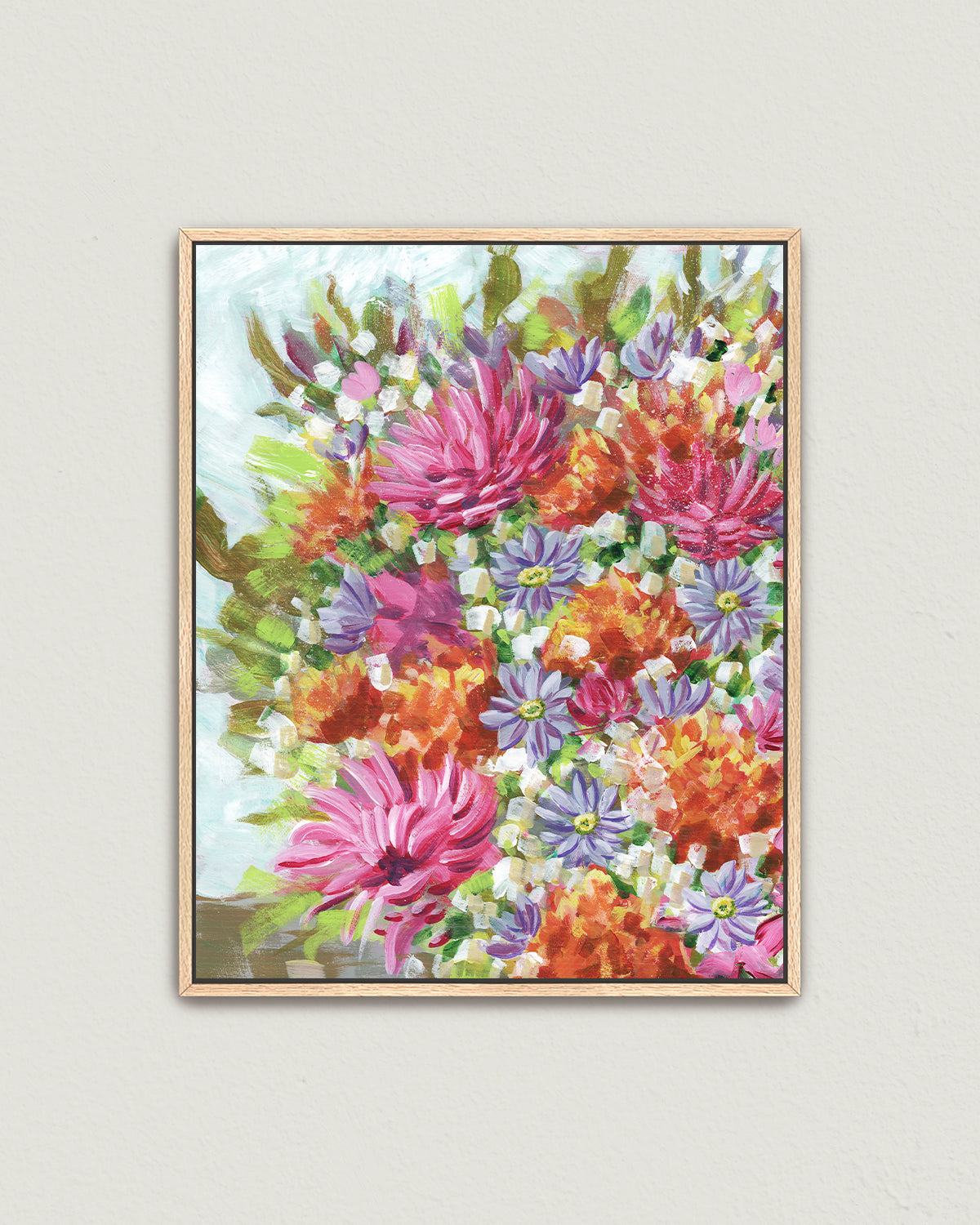 Bouquet No. 005 framed canvas art print featuring vibrant pink, orange, and purple flowers.