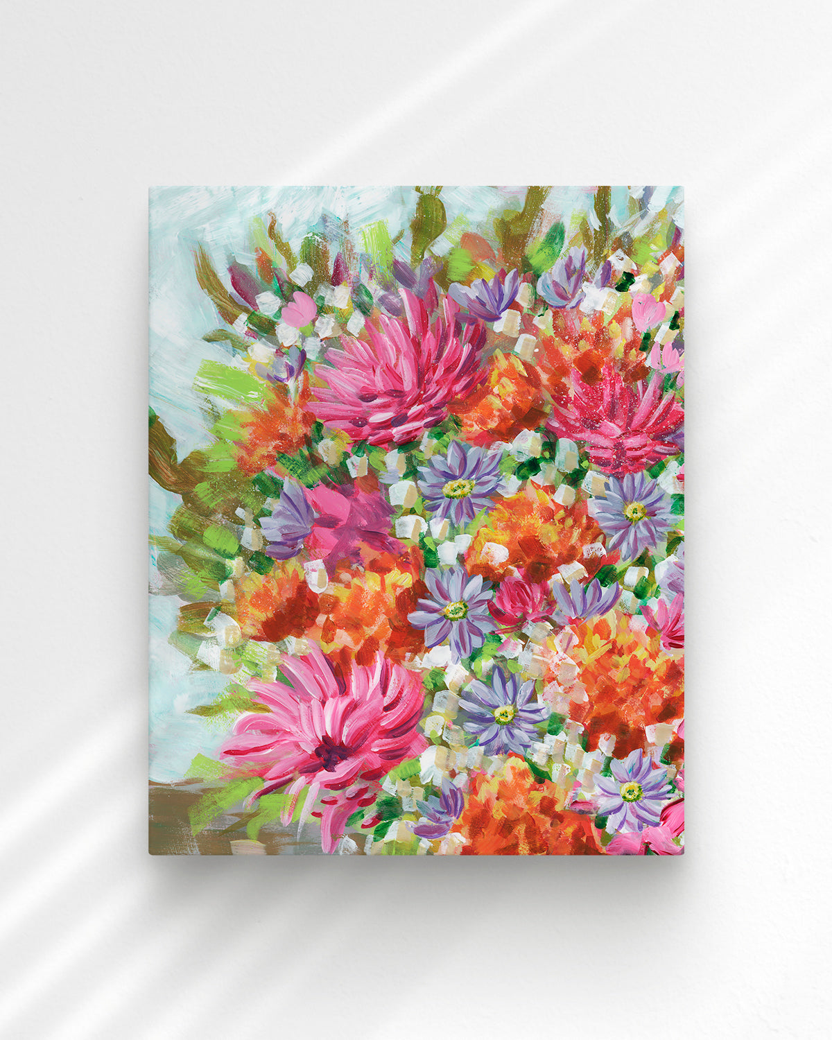 Bouquet No. 005 canvas art print featuring vibrant pink, orange, and purple flowers.