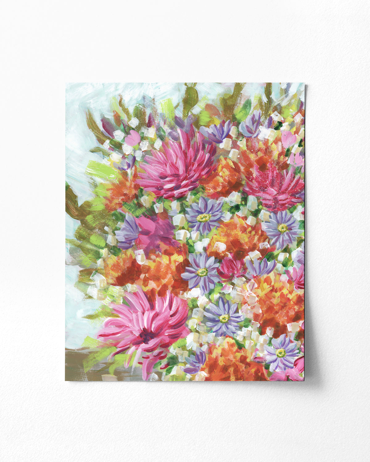 Bouquet No. 005 fine art paper print featuring vibrant pink, orange, and purple flowers.