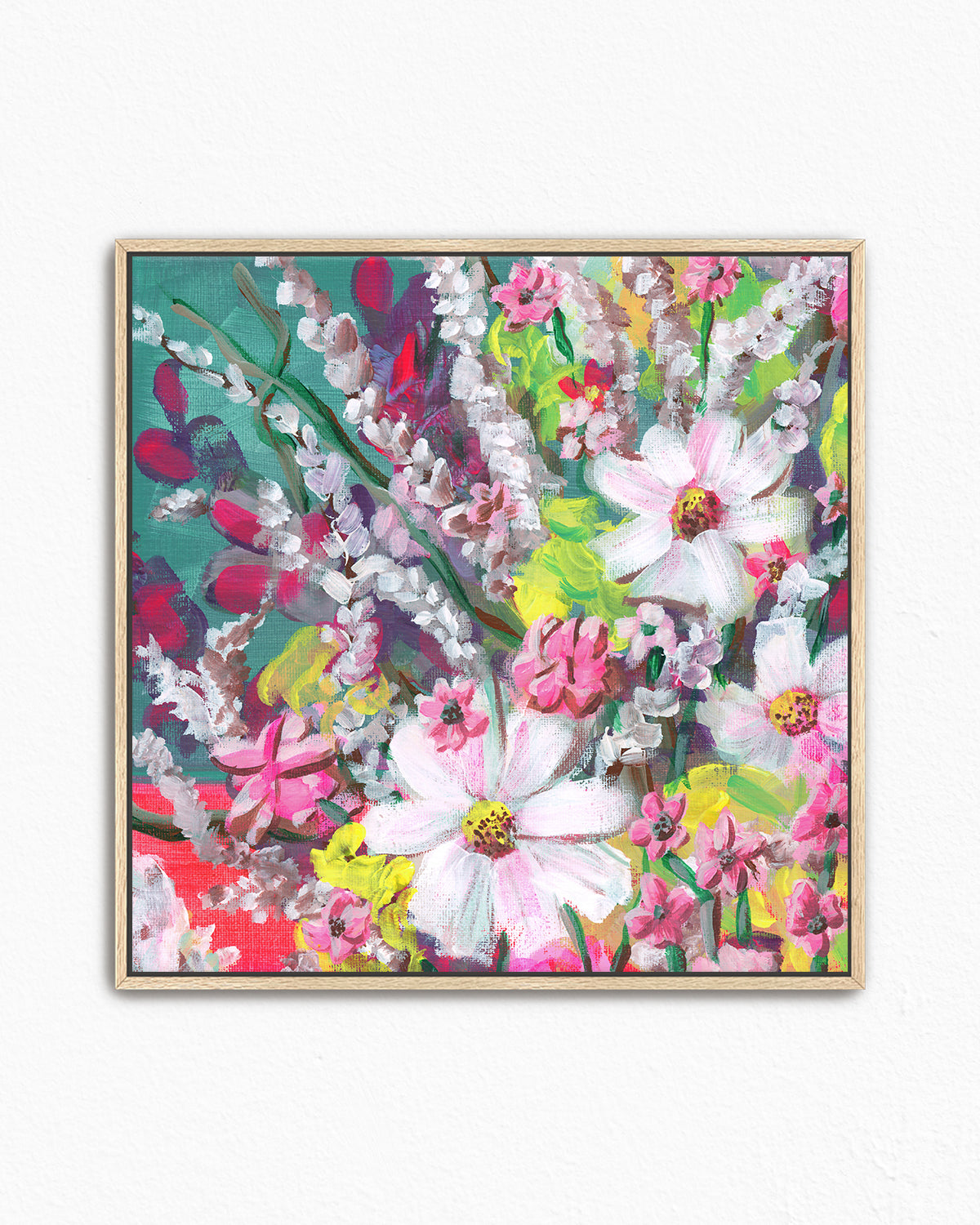 Loose Florals No. 001 framed canvas art print featuring an assortment of vibrant flowers in white, pink, teal and lime green.
