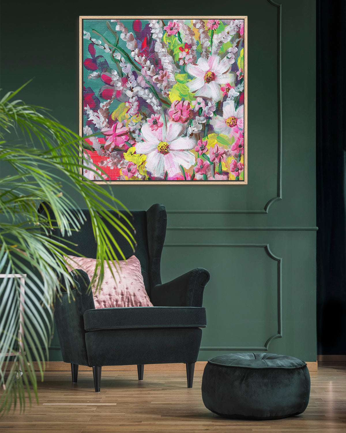 Loose Florals No. 001 framed canvas art print featuring an assortment of vibrant flowers in white, pink, teal and lime green. Mockup above a side chair.