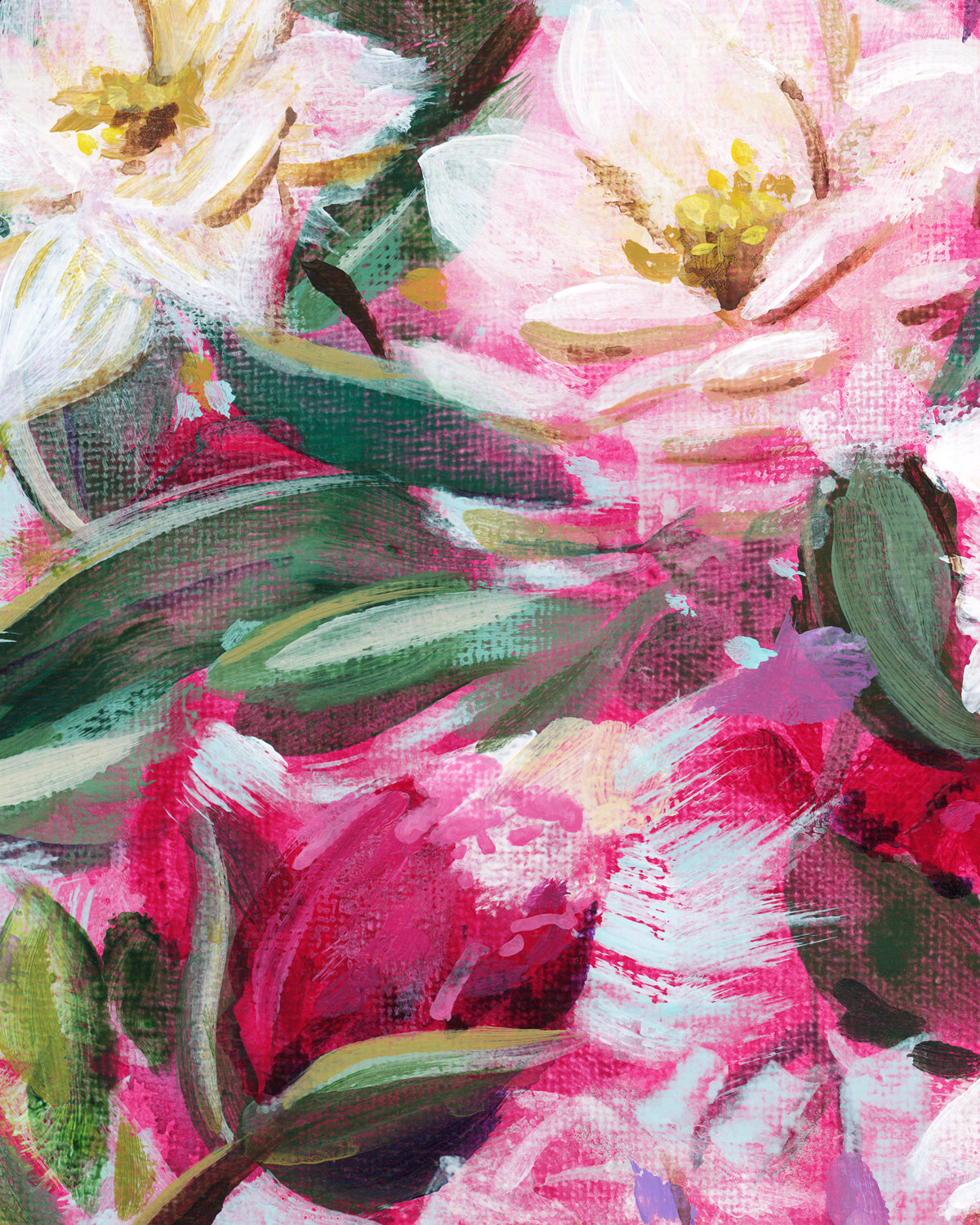 Close-up of an impressionistic floral painting featuring pink and white blossoms with green leaves, rendered in textured brushstrokes. Painting by Jen Montgomery.