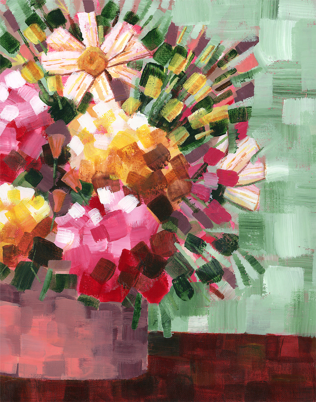 Colorful acrylic floral bouquet painting with bold faceted brushwork by California high desert artist Jen Montgomery