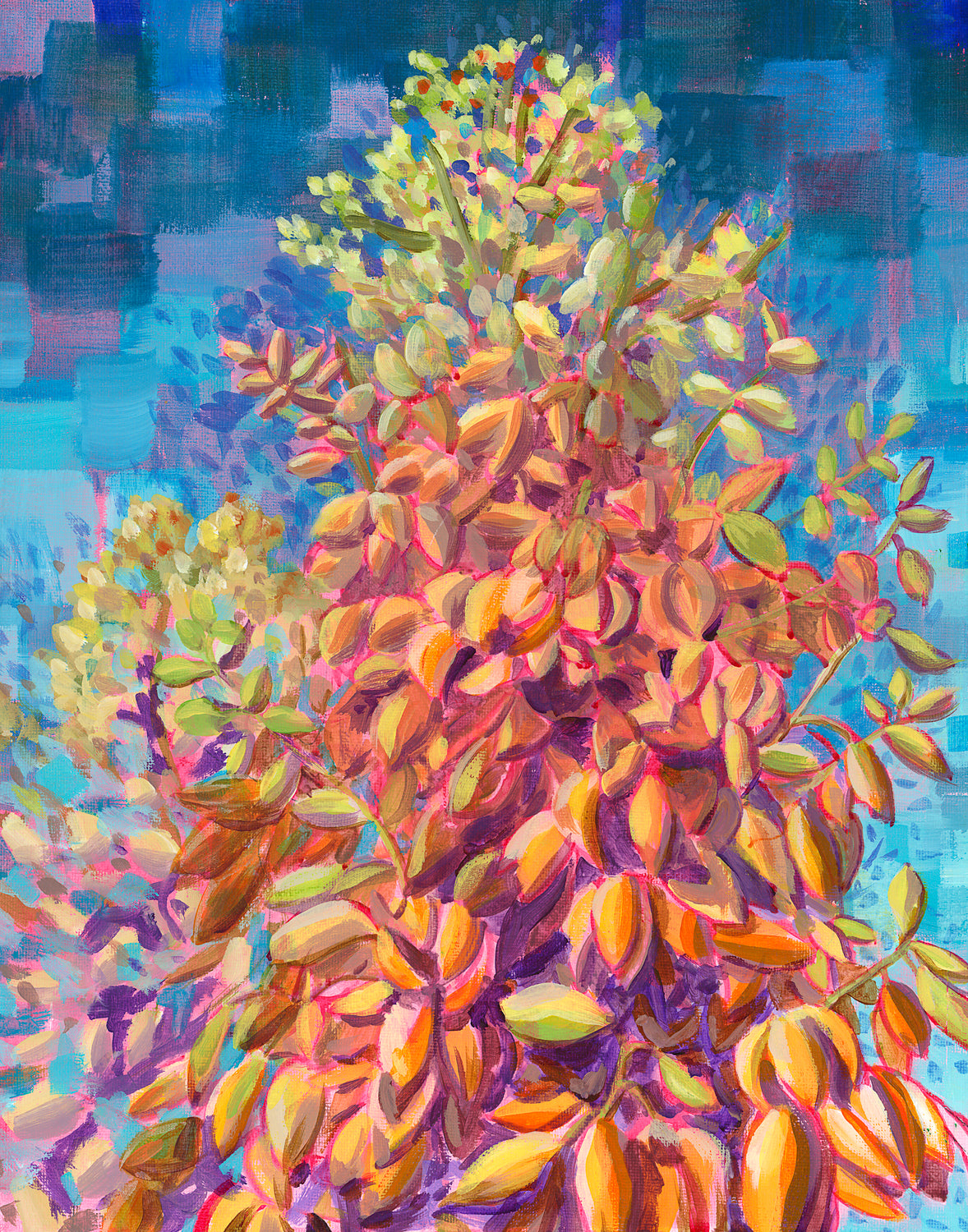 Colorful acrylic painting of yucca blooms against a blue sky by California high desert artist Jen Montgomery.