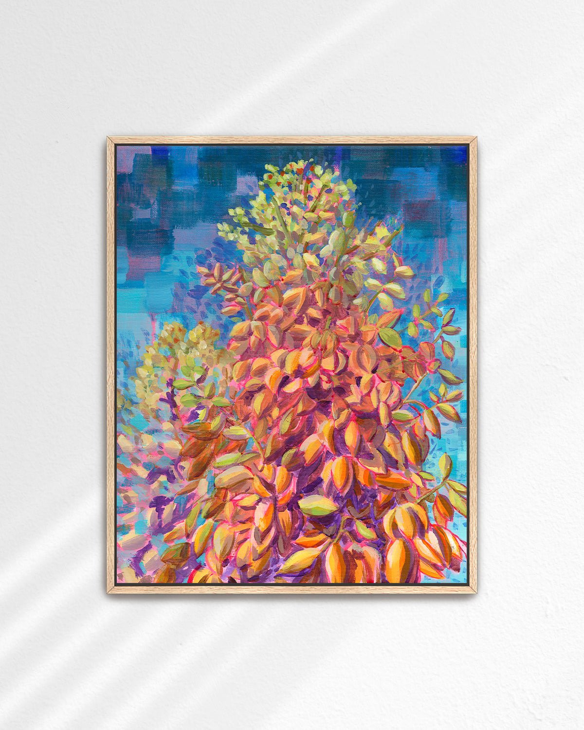 Print of colorful acrylic painting of yucca blooms against a blue sky by California high desert artist Jen Montgomery.