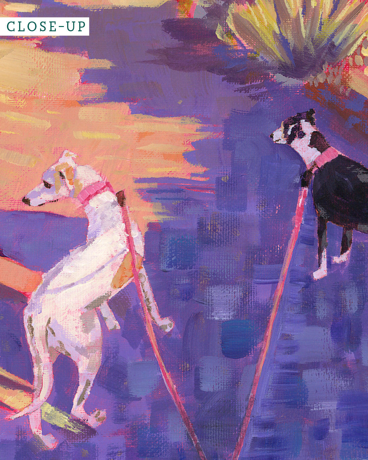 Print of colorful acrylic painting of two dogs on a desert path in the California high desert hills, by artist Jen Montgomery
