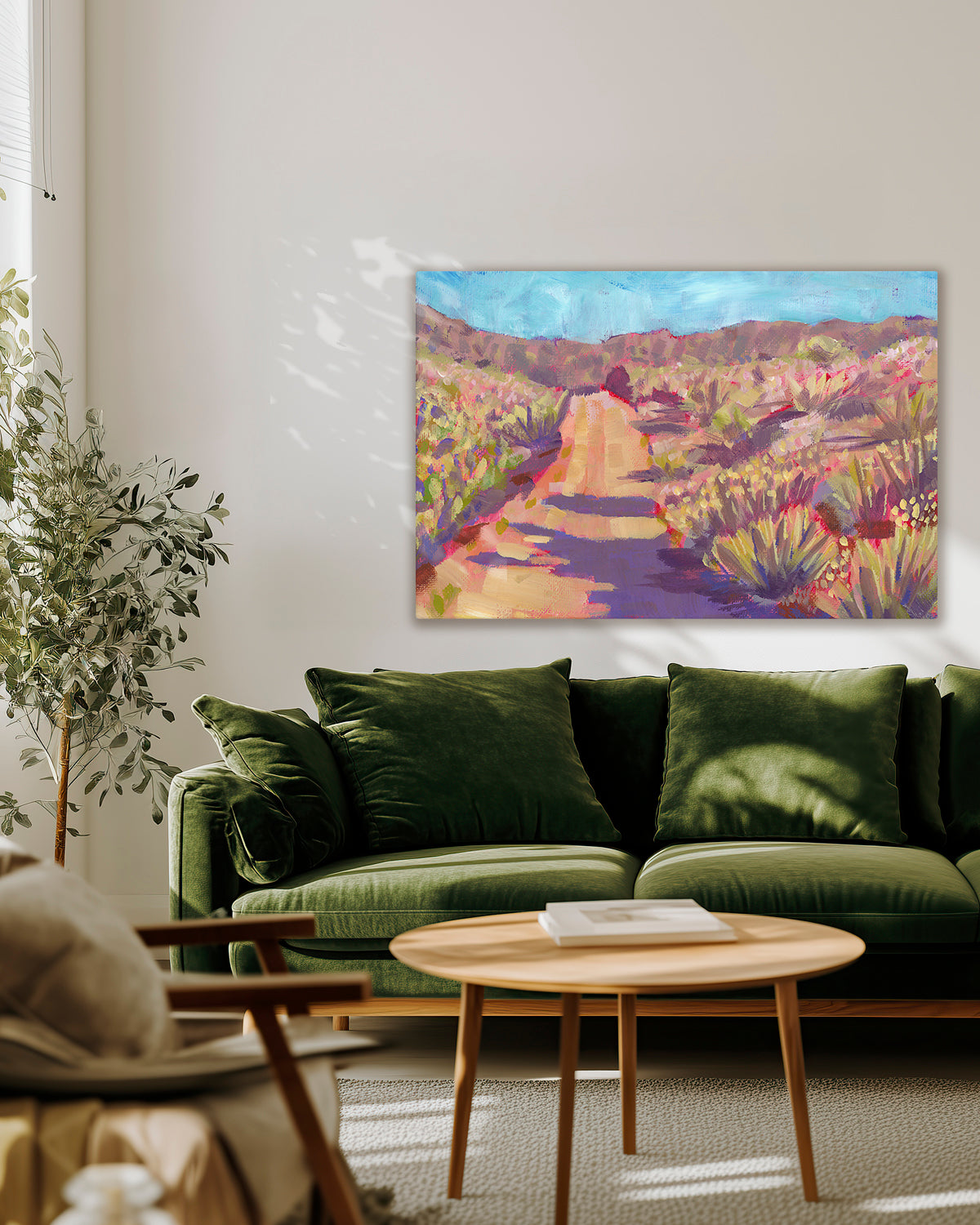Print of colorful acrylic desert landscape painting with a winding path by California artist Jen Montgomery
