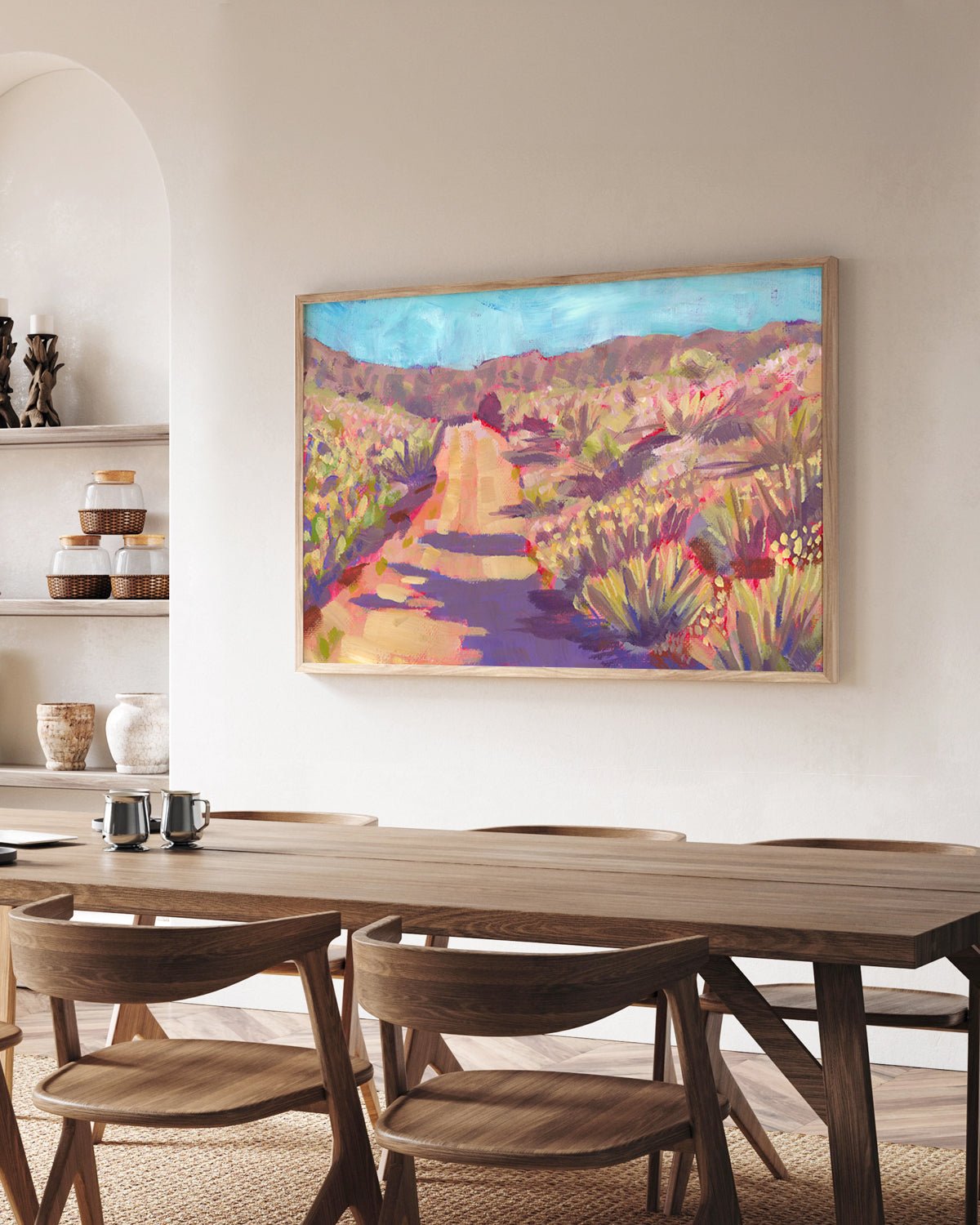 Print of colorful acrylic desert landscape painting with a winding path by California artist Jen Montgomery
