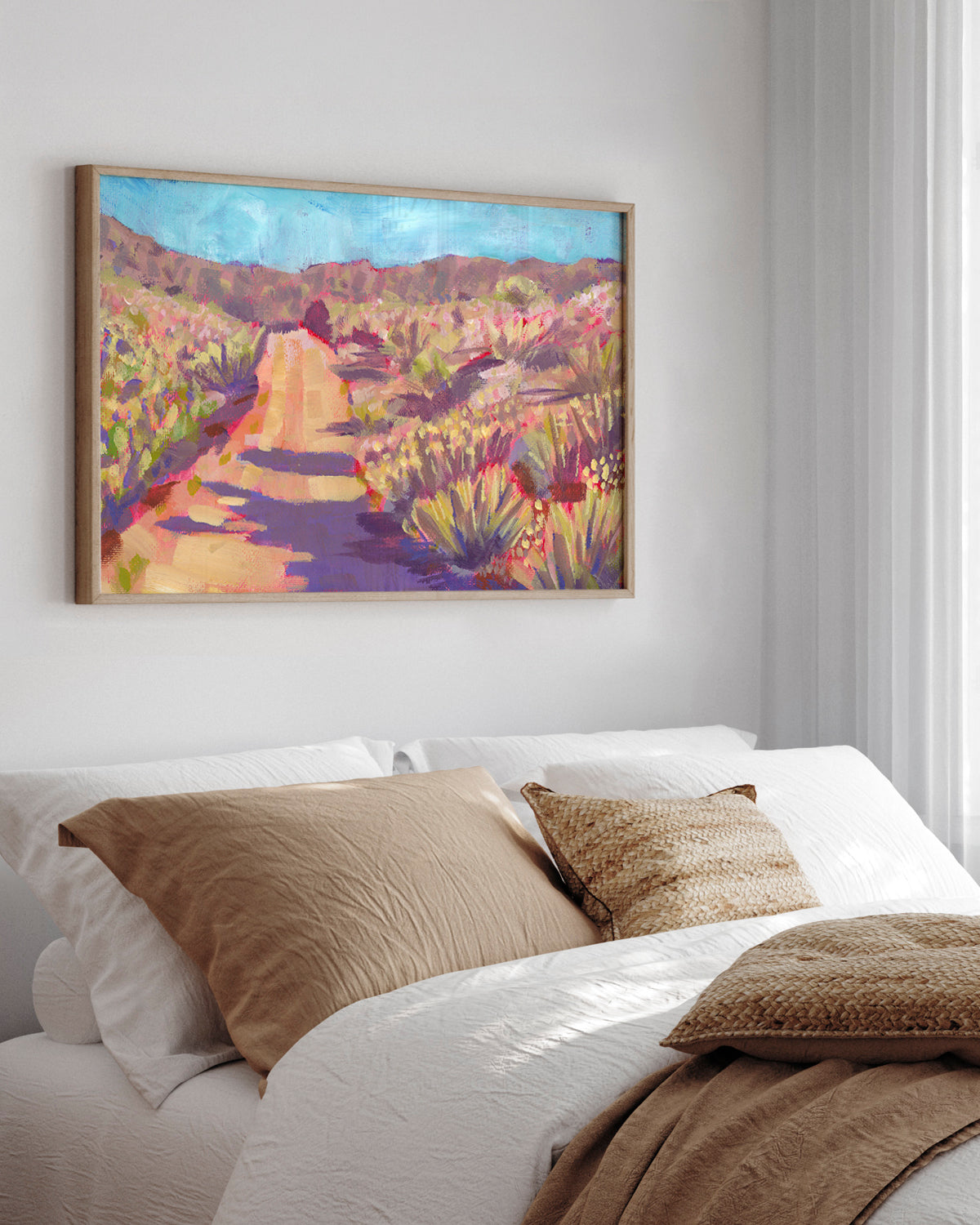 Print of colorful acrylic desert landscape painting with a winding path by California artist Jen Montgomery
