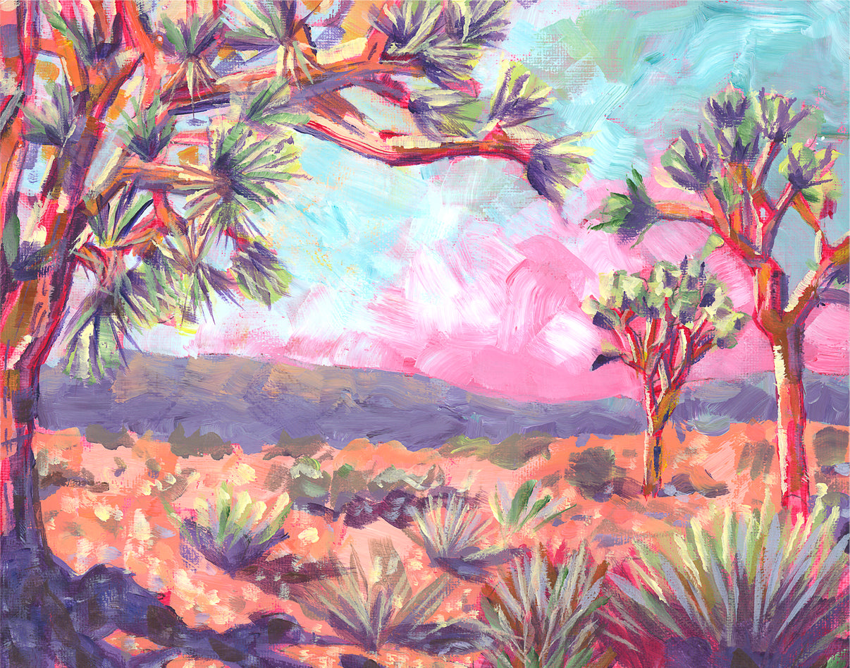 Colorful acrylic desert landscape painting with pink sky by California high desert artist Jen Montgomery