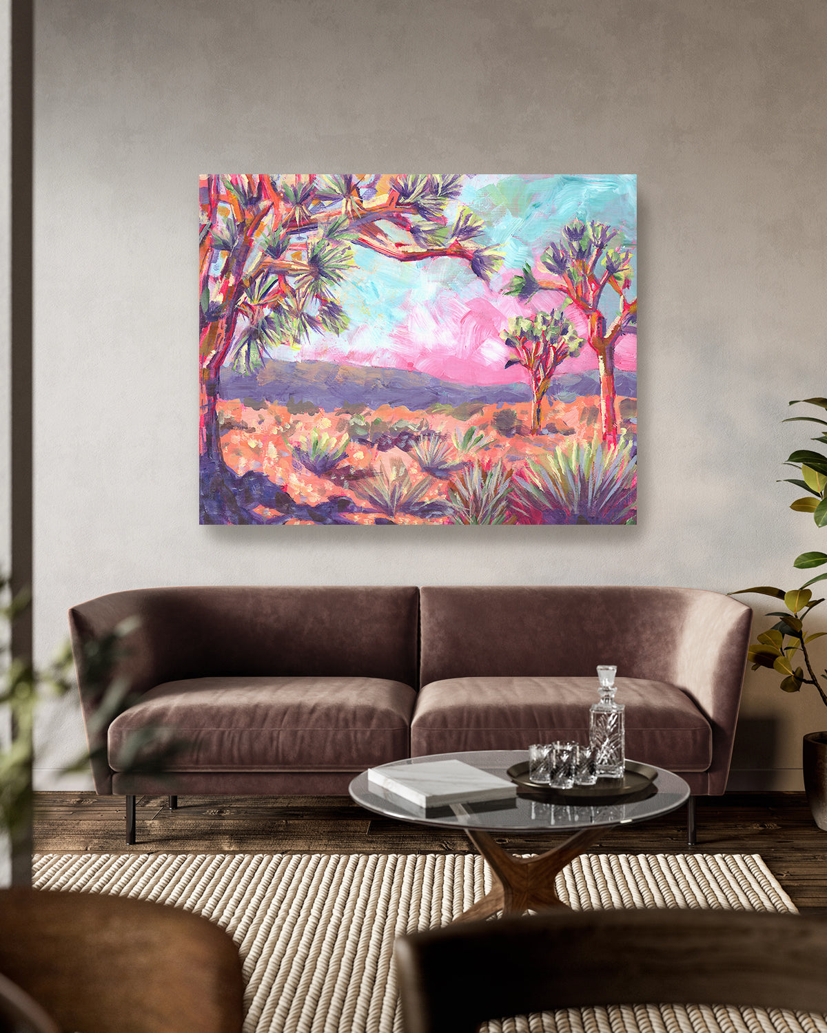 Print of colorful acrylic desert landscape painting with pink sky by California high desert artist Jen Montgomery