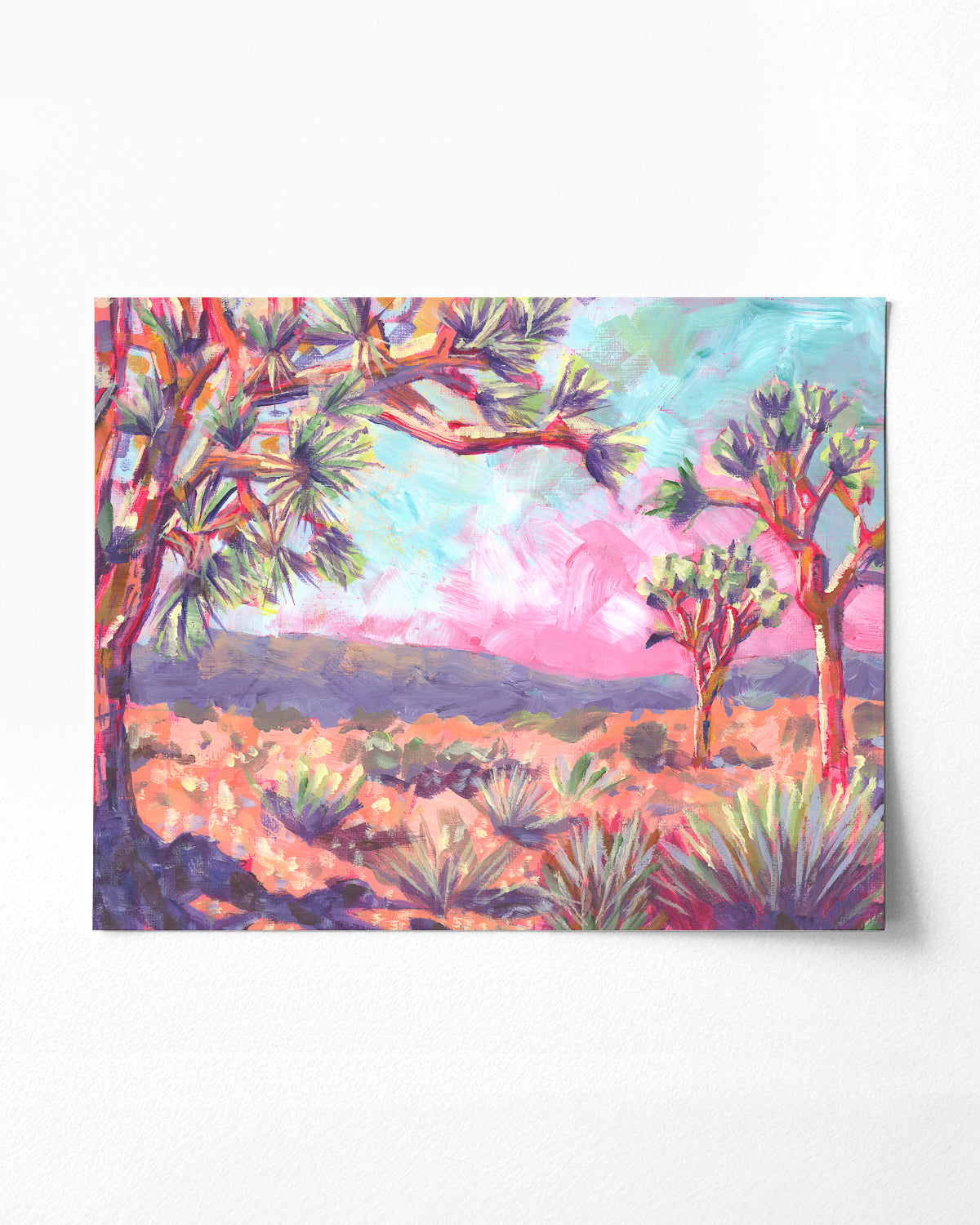 Print of colorful acrylic desert landscape painting with pink sky by California high desert artist Jen Montgomery
