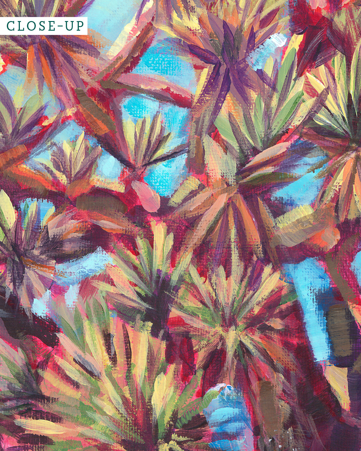 Print of colorful acrylic painting looking up through Joshua Tree branches by California high desert artist Jen Montgomery

