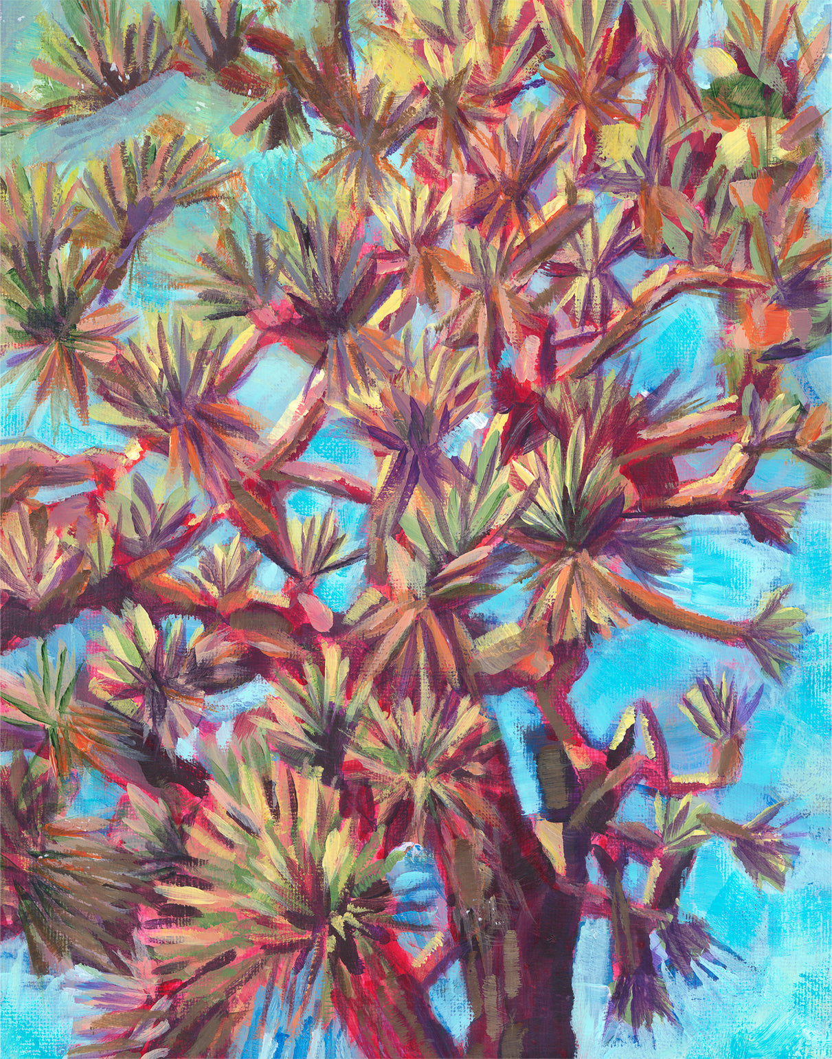 Colorful acrylic painting looking up through Joshua Tree branches by California high desert artist Jen Montgomery