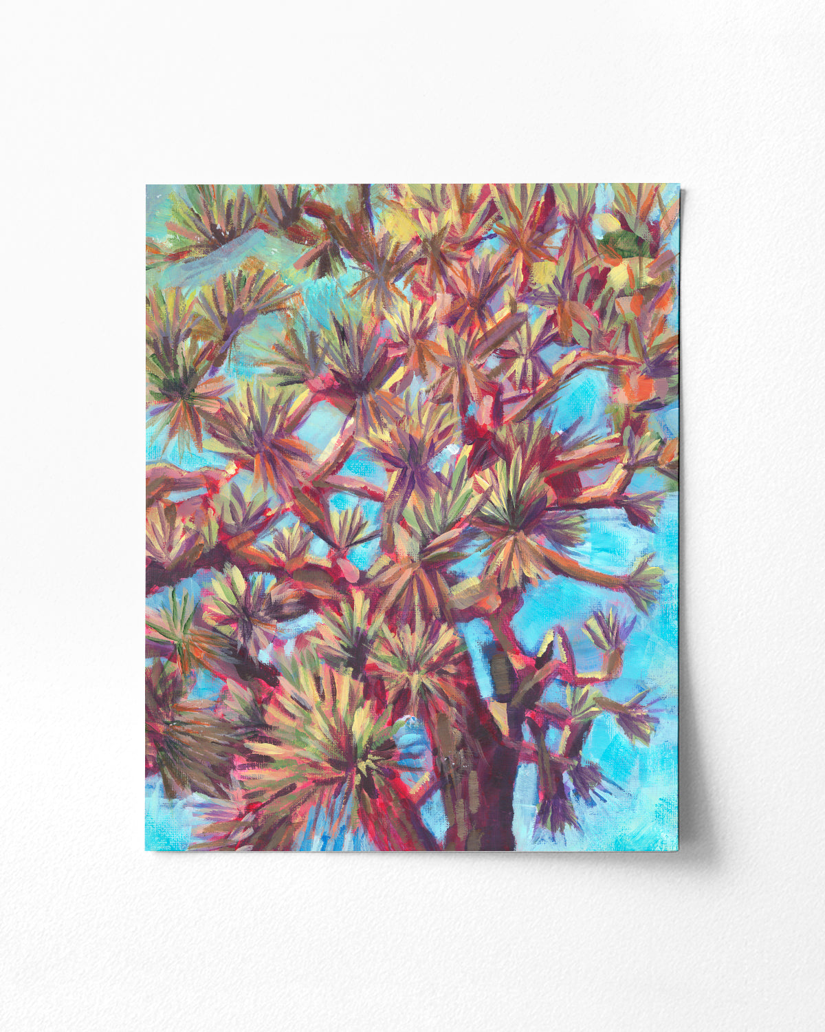 Print of colorful acrylic painting looking up through Joshua Tree branches by California high desert artist Jen Montgomery
