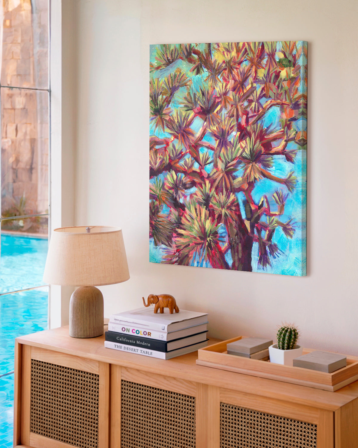 Print of colorful acrylic painting looking up through Joshua Tree branches by California high desert artist Jen Montgomery
