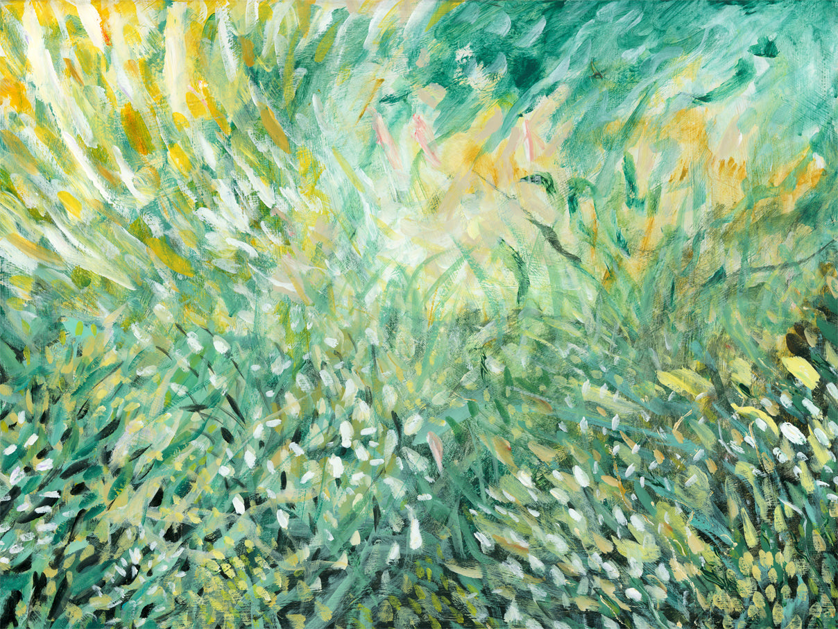 Impressionist-style painting of a grassy field with visible brushstrokes in green, yellow, white, and gray tones by artist Jen Montgomery.