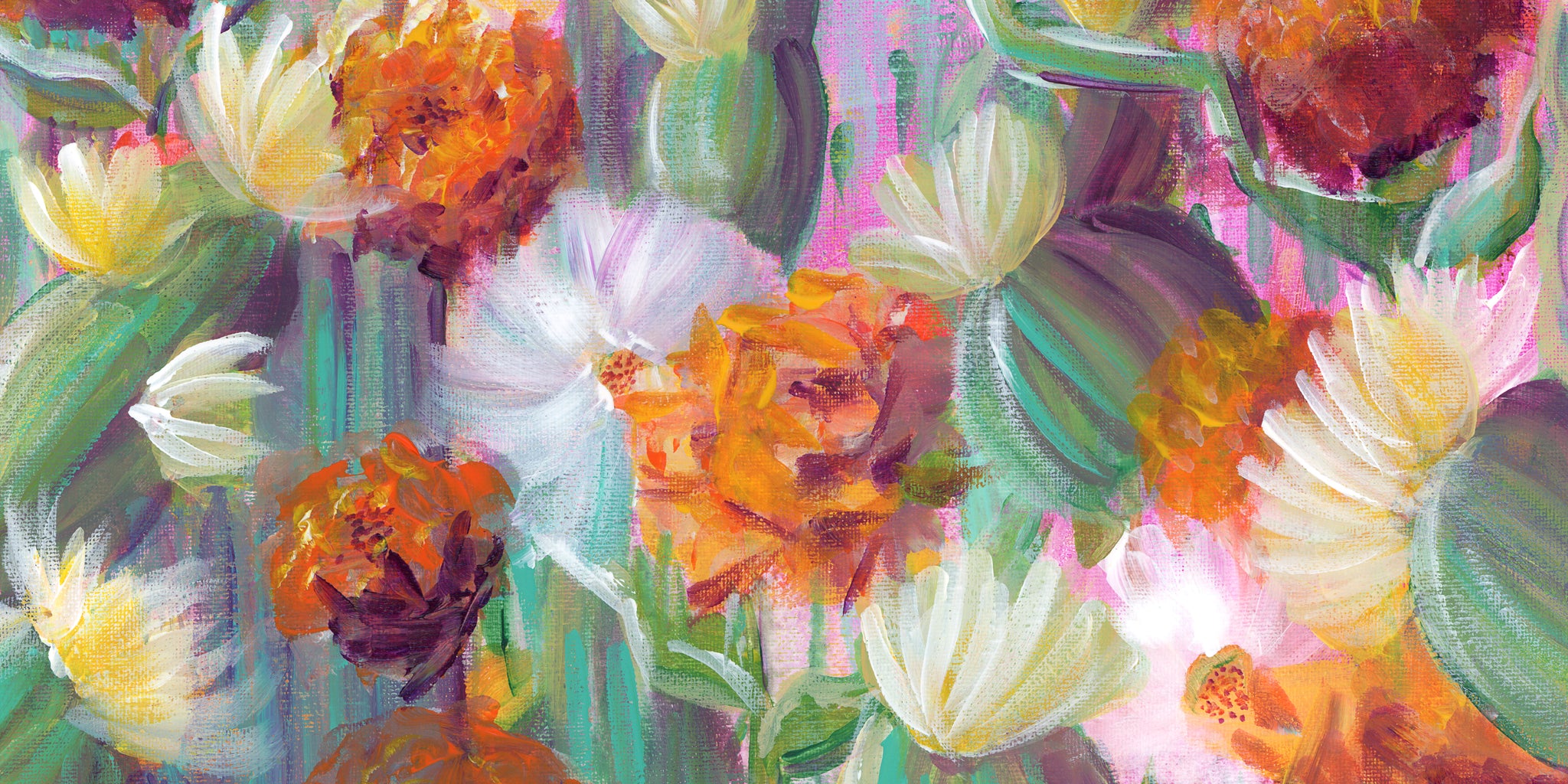 Colorful impressionistic painting by Jen Montgomery. Flowering cacti.