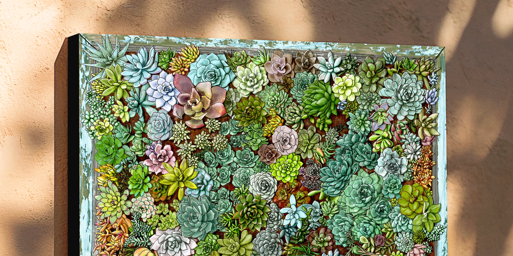 Canvas print of a colorful succulent living wall on a textured wall. Art by Jen Montgomery.